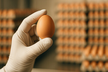 Close-up of gloved hand holding egg during food safety inspection in processing facility, illustrating hygiene, control and compliance with HACCP standards..