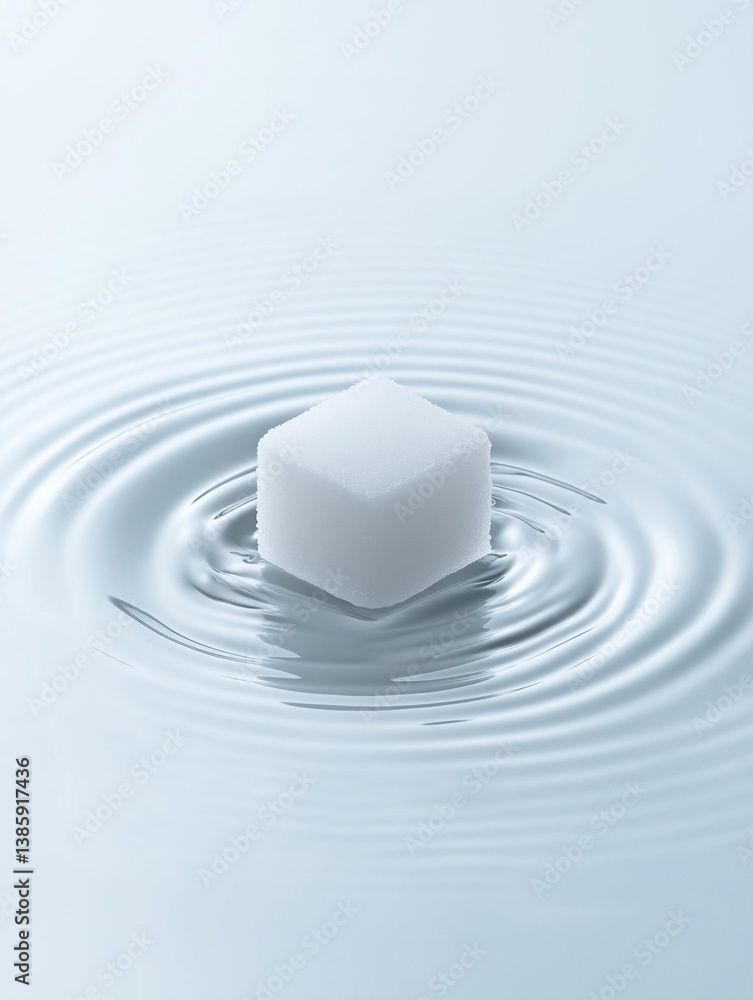 Poster close-up of a single white cube floating in a rippled pool of water. the cube appears to be made of 