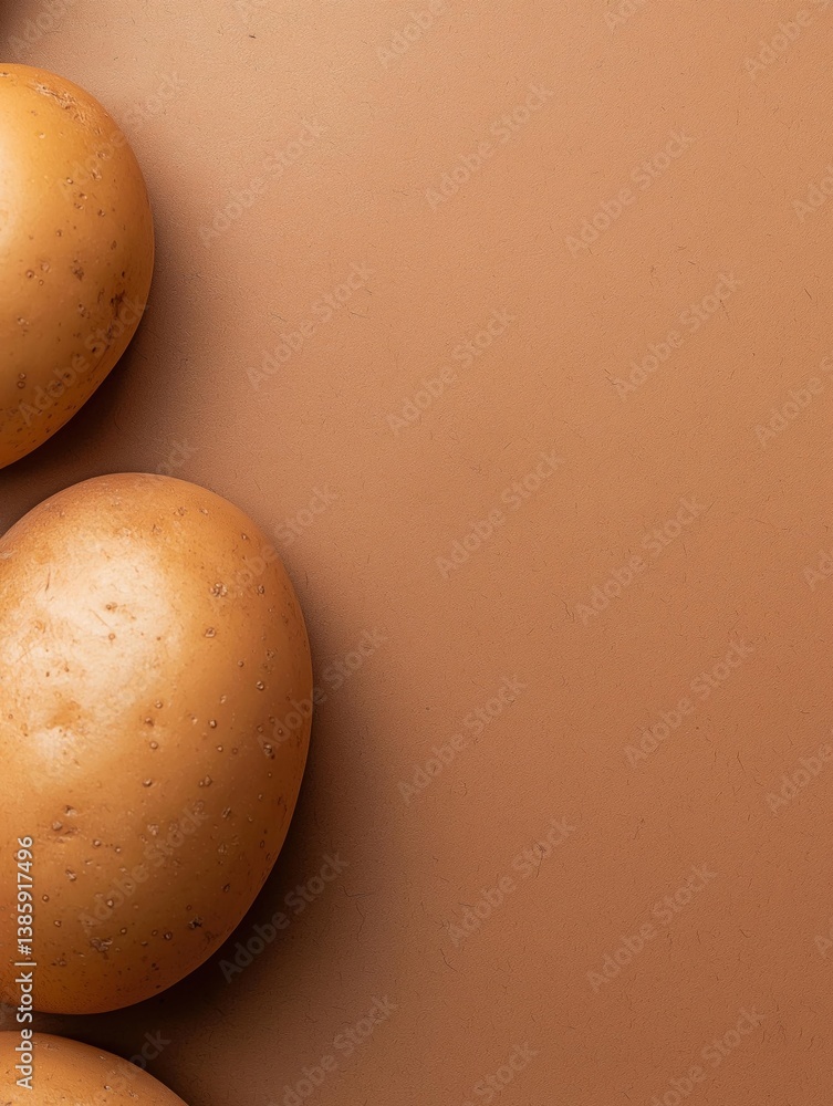 Poster three eggs on a plain, light brown background. the eggs are arranged in a triangular formation, with