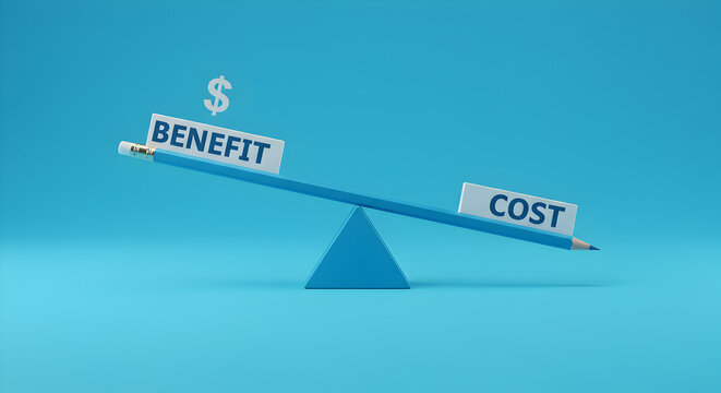 Benefit and Cost Balance Pixel Art with Light Blue Backdrop in Minimalist Conceptual Design
