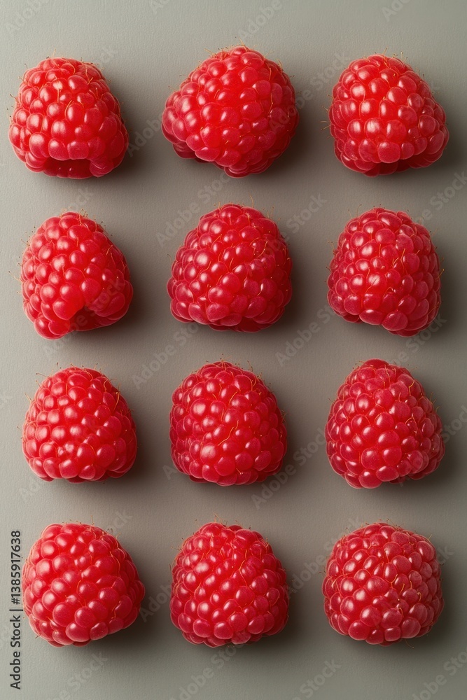 Poster rows of fresh red raspberries on a neutral gray background showing detail and texture in a flat lay 