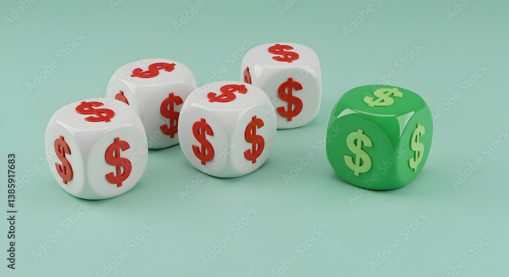 Poster arrangement of cubical dices showing financial symbol on white and green background casting soft sha