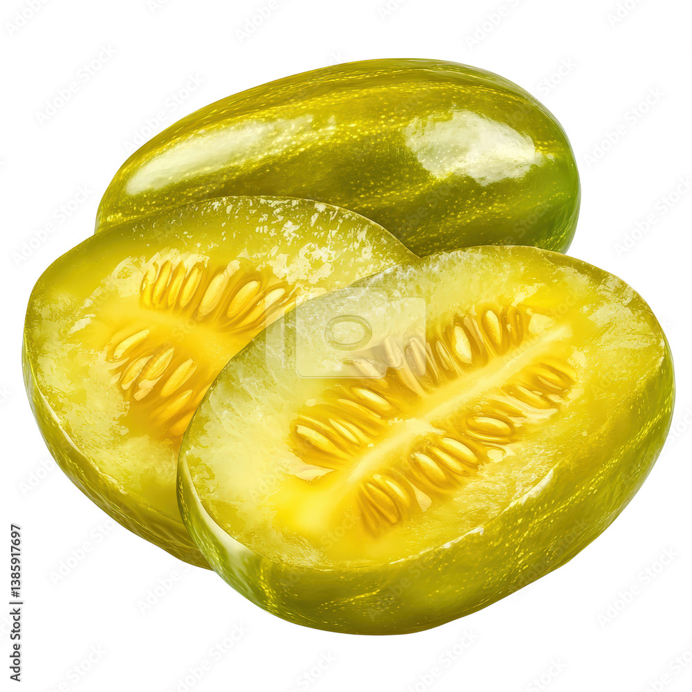 Poster freshly sliced yellow cucumber on a wooden cutting board showcasing its bright color and crisp textu