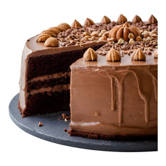 Rich chocolate cake with thick frosting and chocolate decorations