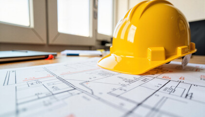 Construction helmet on architectural blueprints