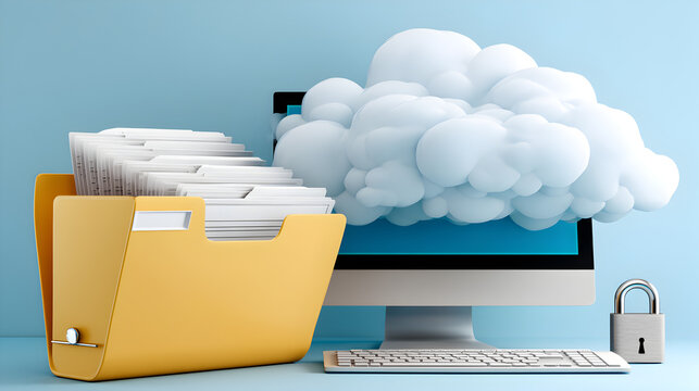 Cloud Computing concept, Digital concept of cloud storage with file folder and lock on a computer screen.