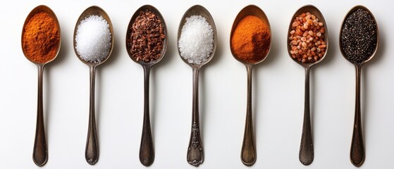 Assortment of Colorful Spices and Salts in Vintage Silver Spoons on White Background for Culinary Arts and Gourmet Food Photography
