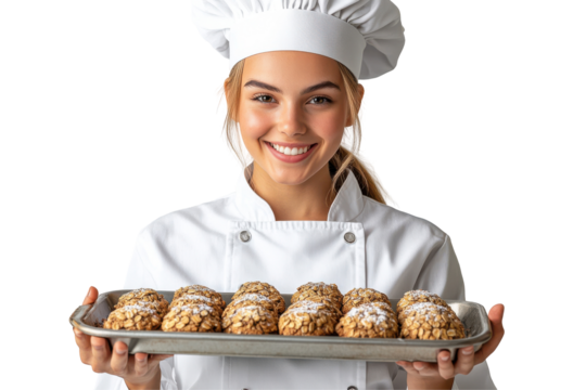 Happy baker presents delicious oatmeal cookies freshly baked treats isolated on transparent background
