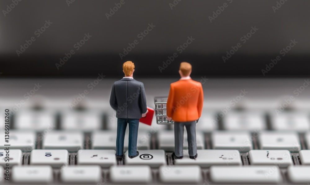 Poster two miniature figures stand on a keyboard, symbolizing online shopping and digital interaction in a 