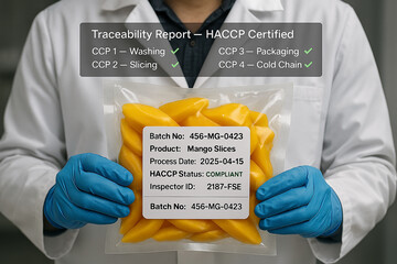 Engineer holding vacuum-packed mango slices with HACCP compliant label and certified traceability overlay indicating verified food safety control points..