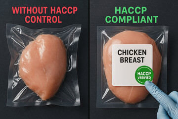 Comparison between vacuum-sealed chicken breast with and without HACCP control showing safety difference, proper labeling and seal verification in food packaging..