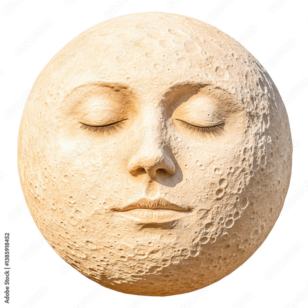 Poster artistic representation of a face created using a moon with detailed features and celestial elements