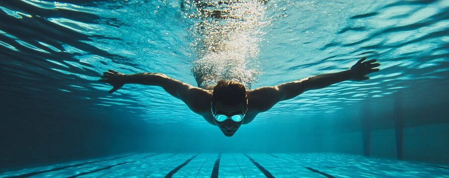 Man swims the butterfly stroke in a pool