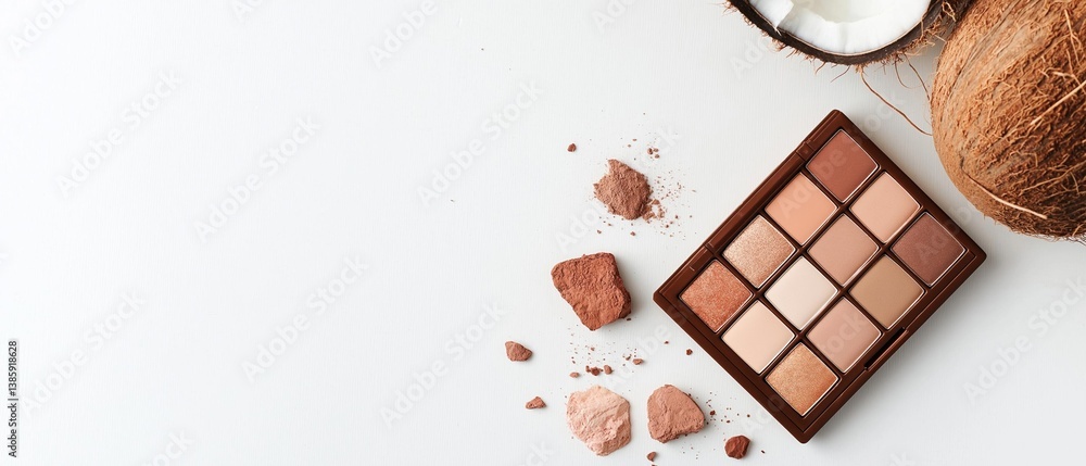 Poster flat lay of a makeup palette and a coconut on a white background. the palette is rectangular in shap