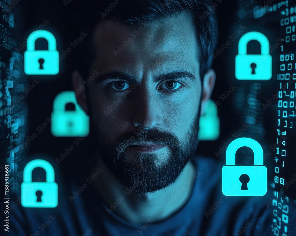 Poster a focused man surrounded by digital locks symbolizes cybersecurity and privacy in a tech-driven worl
