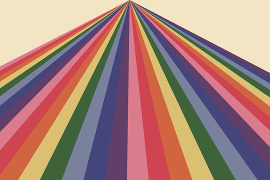 Vibrant multicolored stripes radiate from central point in classic 1970s rainbow palette. Bold geometric design, clean lines on beige background. Evokes nostalgic retro aesthetic with cheerful mood.
