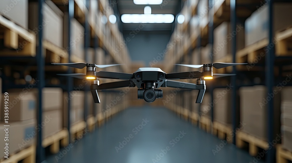 Poster drone hovering amidst rows of neatly packed boxes in an industrial warehouse setting, showcasing cut