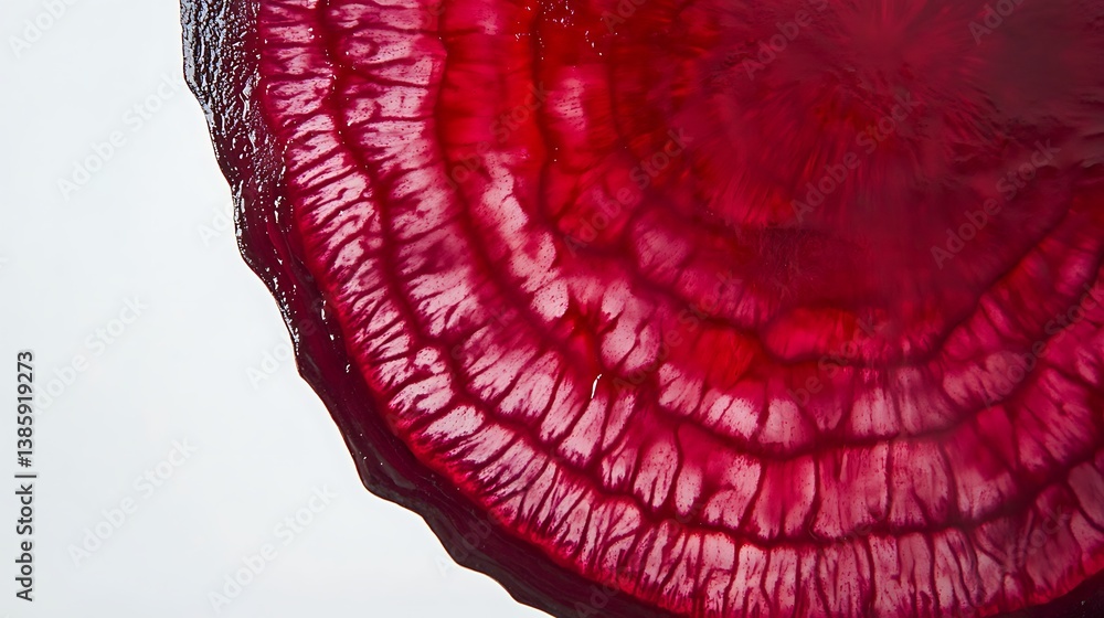 Poster close-up view of a vibrant red beet slice showcasing intricate circular patterns and textures, highl