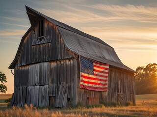 Obraz premium Rustic Barn with American Flag at Sunset. July 4, Independence Day.