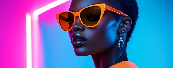 Fashion model with bright orange sunglasses and sparkling earrings posing under colorful neon lights