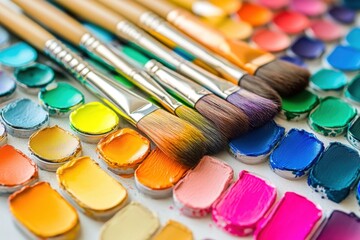 Artistic vibrant paintbrushes and colorful paint palette close up studio shot for creative inspiration and art education