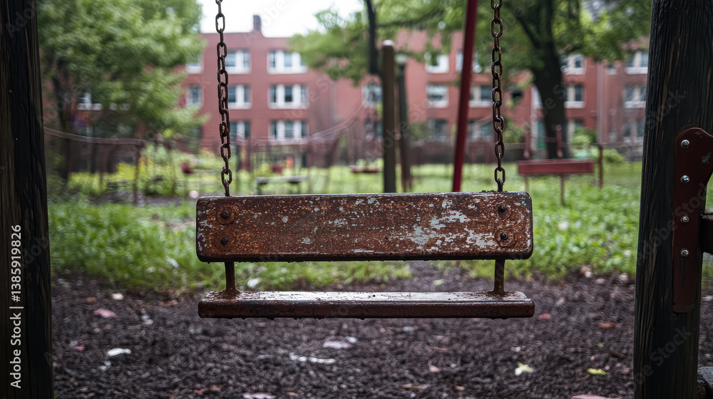 Poster rusty swing is hanging from a chain in a park. the swing is empty and the park is empty