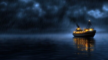 Naklejka premium A ship is seen bravely navigating through a stormy night, illuminated by warm lights as rain pours and dark clouds loom overhead, creating a dramatic atmosphere on the water.