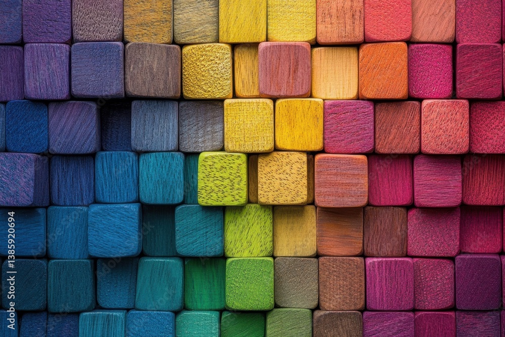 Poster vibrant wooden cube mosaic displaying a spectrum of colors creating a rich textured surface and play