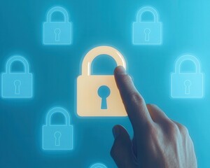 A hand pressing a digital padlock icon on a blue background, symbolizing security and data protection in a modern digital environment.