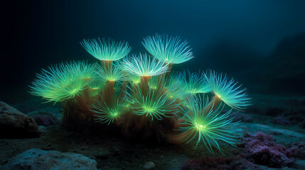 Fototapeta premium Underwater glowing anemones illuminating the ocean floor 