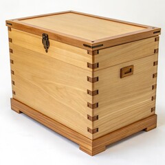 A beautifully crafted wooden storage box with a natural finish, featuring intricate joinery. Perfect for organizing items or as a decorative piece in any room.