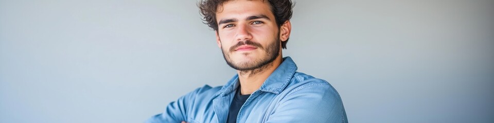 Obraz premium Confident young caucasian male posing in blue jacket against gray background