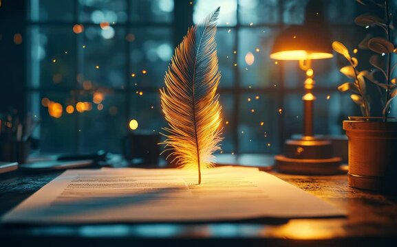 Magical feather floating above paper on a desk in a cozy room with warm lighting, creating a whimsical and enchanting atmosphere.