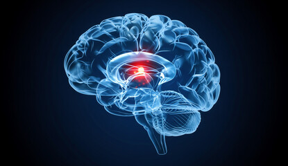 Translucent 3D Human Brain with Central Red Highlight - Neurological and Medical Focus - 3d rendered illustration of a human brain