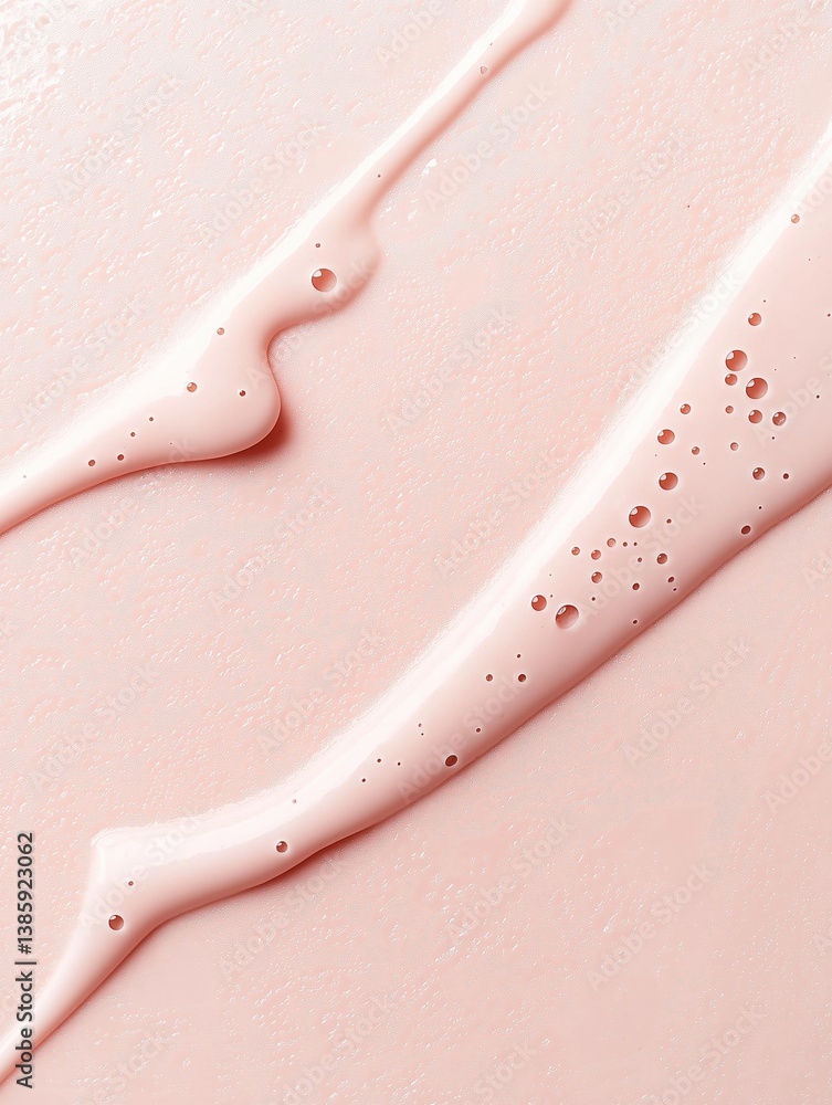 Poster close-up of two curved lines of liquid on a pink background. the lines are made up of small, evenly 
