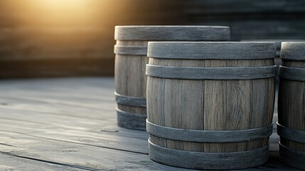 Naklejka premium A pair of wooden barrels rests on a weathered wooden floor, bathed in the warm, golden light of the sunset that softly illuminates the entire scene