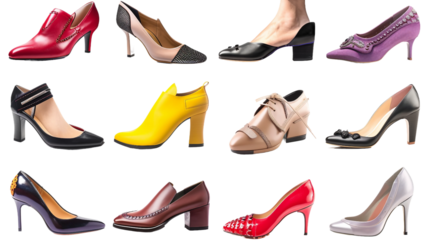 Stylish shoes, various types of footwear the shopping girl loves to wear, from sneakers to heels isolated on transparent background