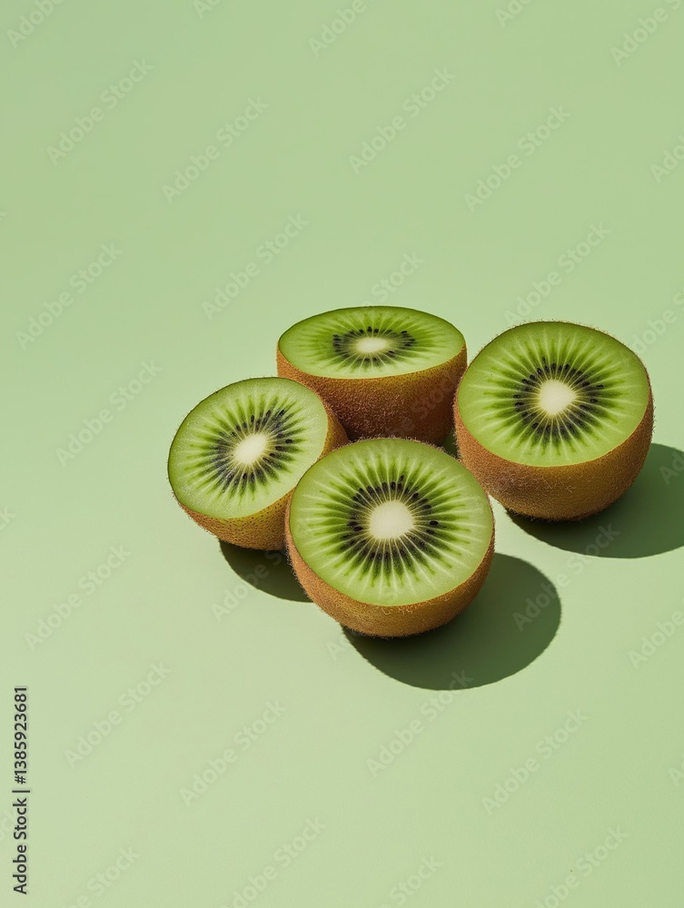 Poster four slices of a kiwi fruit arranged in a circular pattern on a light green background.