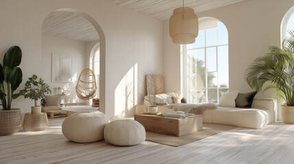 Fototapeta premium Modern living room interior in boho style with furniture