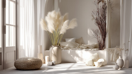 Modern living room interior in boho style with furniture