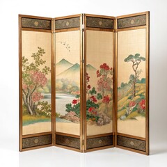 A traditional Japanese folding screen, beautifully decorated with vibrant landscapes depicting mountains, trees, and flowers, showcasing rich cultural artistry.