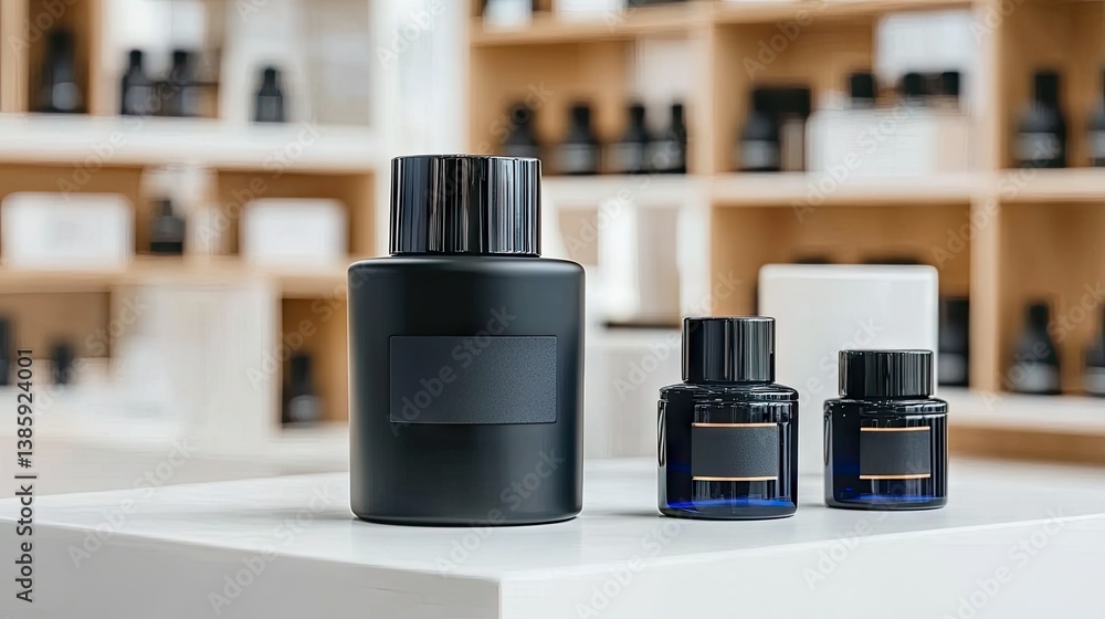 Poster elegant display of modern fragrance bottles in a stylish retail setting showcasing minimalist design