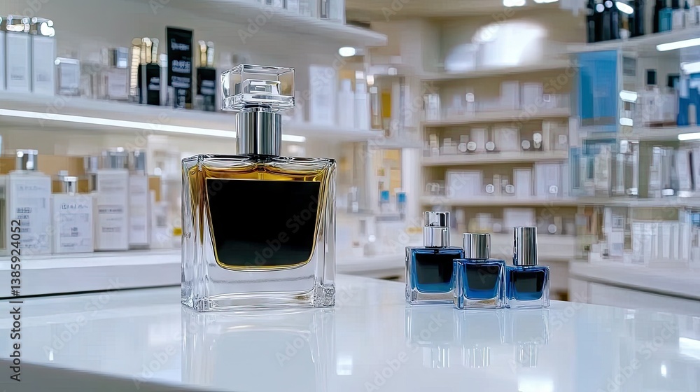 Poster luxury fragrance display showcasing a large bottle and smaller vials in a modern retail store settin
