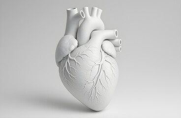 white anatomical heart sculpture with intricate veins on white background