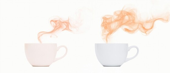 Two white coffee cups with handles on either side. the cups are placed side by side on a plain white background.