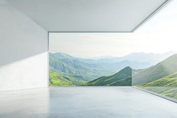 Modern interior with mountain view, empty room, minimalist design