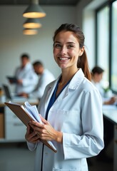 Fototapeta premium Smiling female doctor holding clipboard in modern clinic, healthcare professional and medical team concept