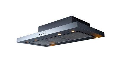 Concealed ceiling-mounted kitchen hood with matte silver body and soft light strip, isolated on white background.