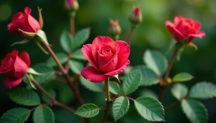 Small-scale repeating rose buds, green leaves , elegant, floral background