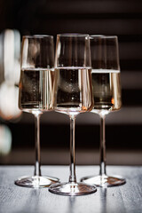 Three elegant sparkling glasses catch the light with a refined charm, ready to toast in a moody and sophisticated ambiance